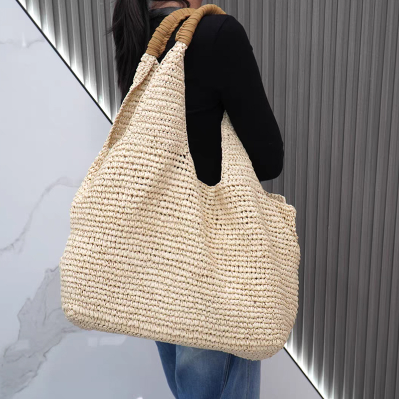 Women'S Raffia Bags - กระเป๋าถือสตรีขนาดใหญ่ทำมือ ดีไซน์หรูหราสำหรับฤดูร้อน เหมาะสำหรับวันพักผ่อนริมชายหาด สไตล์ชายทะเล กระเป๋าสะพายไหล่สานจากเส้นใยราฟเฟีย