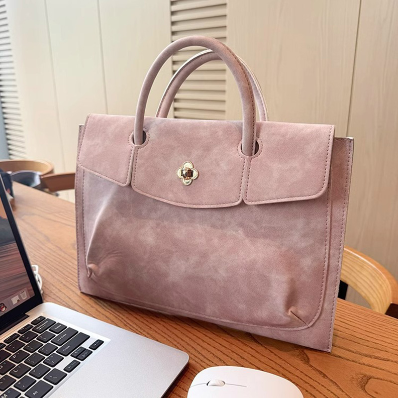 Women Hand Bags For Office - กระเป๋าถือแล็ปท็อปหนัง PU สีชมพูสุดหรู พร้อมหูหิ้วด้านบน ตกแต่งด้วยดอกไม้และตัวล็อคแบบหมุน สำหรับผู้หญิง