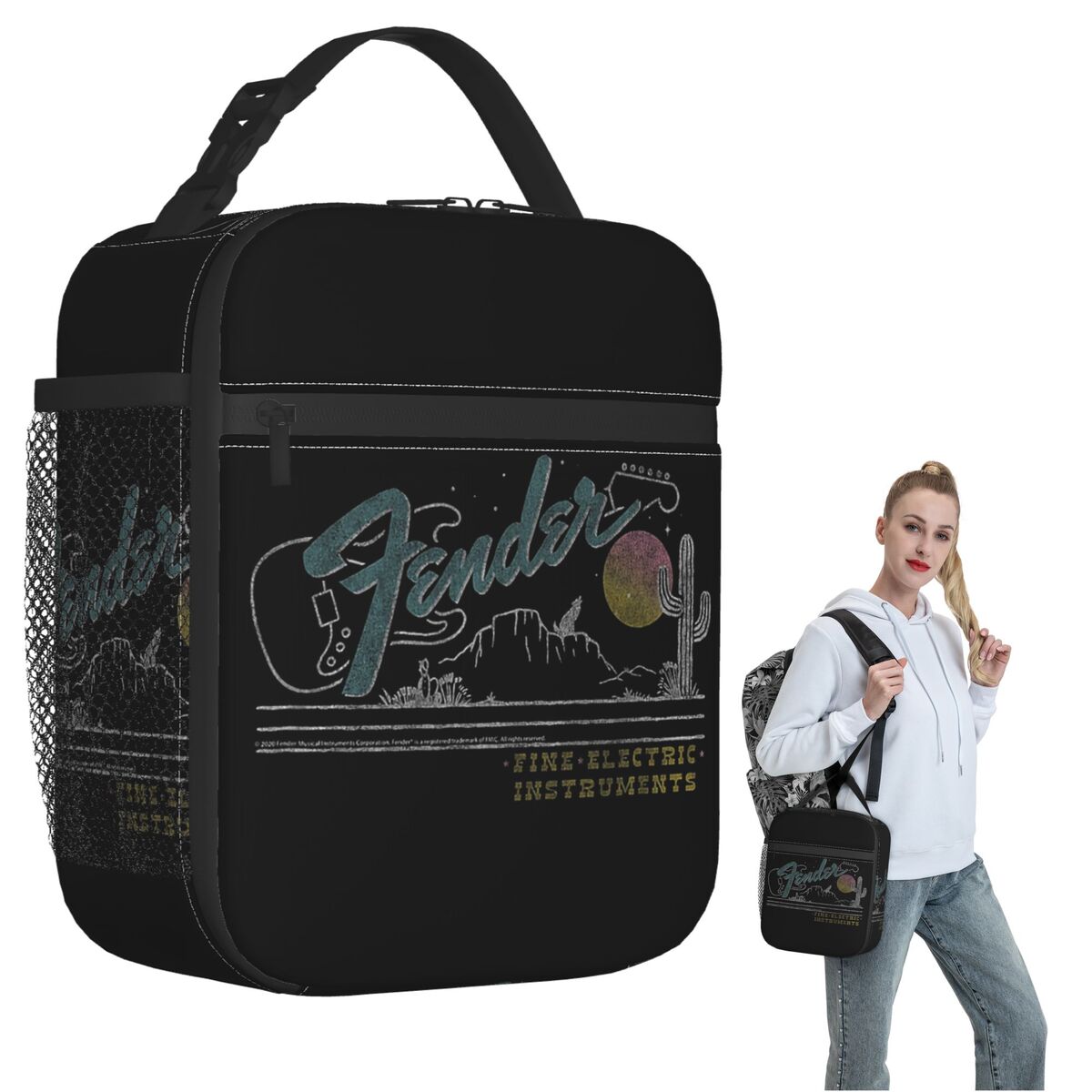 Women Bags Company - กระเป๋าใส่อาหารกลางวันแบบมีฉนวนลายกีตาร์แจ๊สยุค 90 ของ Fender สำหรับผู้หญิงและเด็ก กล่องใส่อาหารแบบพกพา