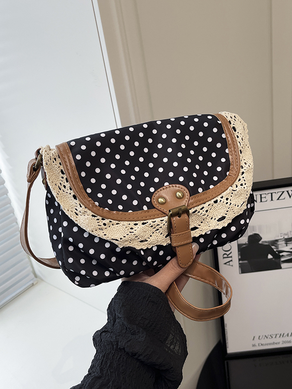 Women'S Young Bags - กระเป๋าสะพายข้างผ้าแคนวาสลายจุดสไตล์เรโทร พร้อมขอบลูกไม้ ดีไซน์ทันสมัยสำหรับสาวรุ่นใหม่ ปิดด้วยซิป เหมาะสำหรับการเดินทาง